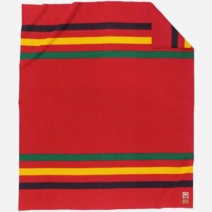 Pendleton Red Blanket with Yellow, Green & Black Stripes 80x80 approximately